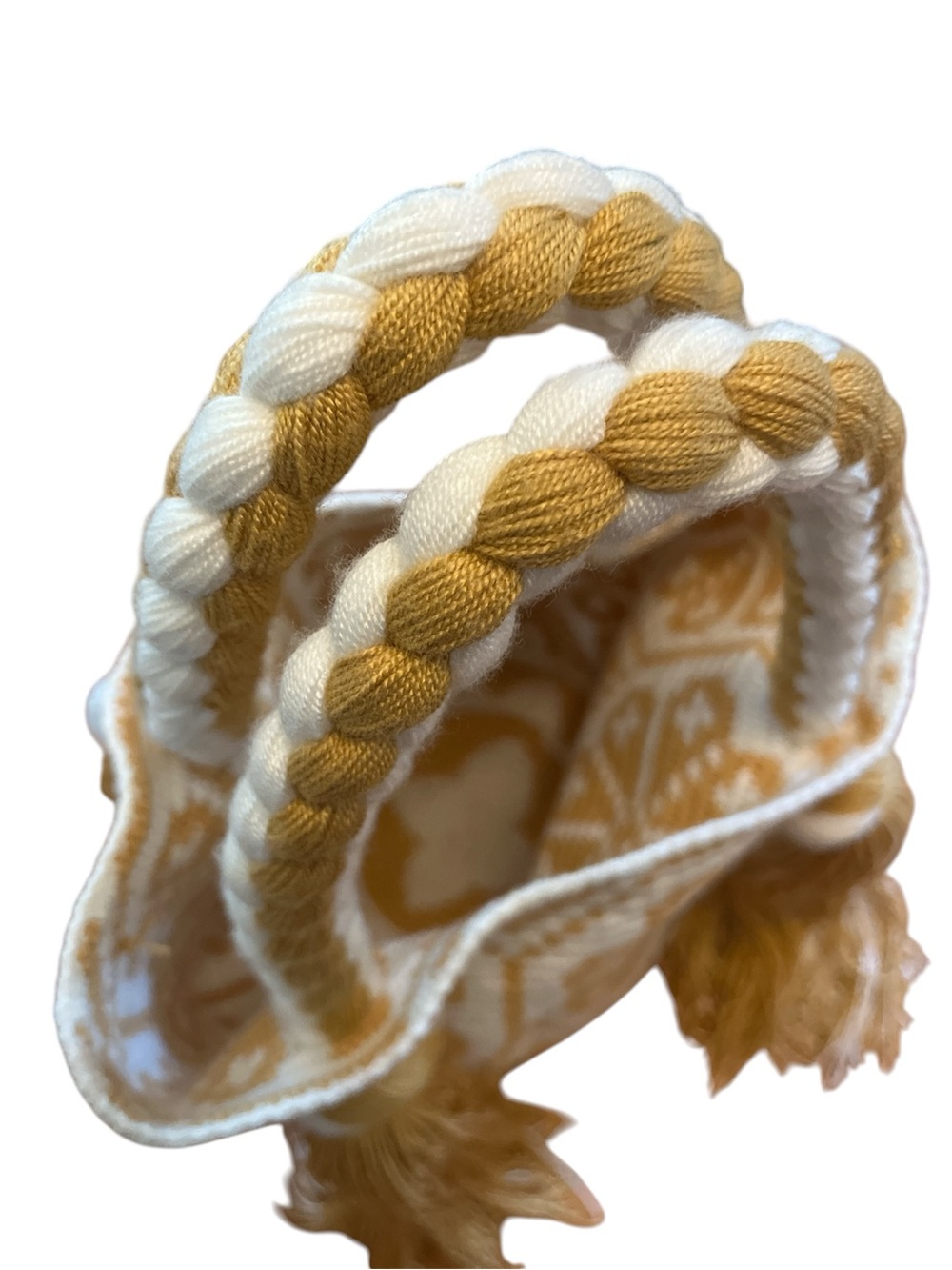 Wayuu Mochila bag Handwoven Tote Bag Cream & Mustard floral & Tassel design. - Picture 10 of 12
